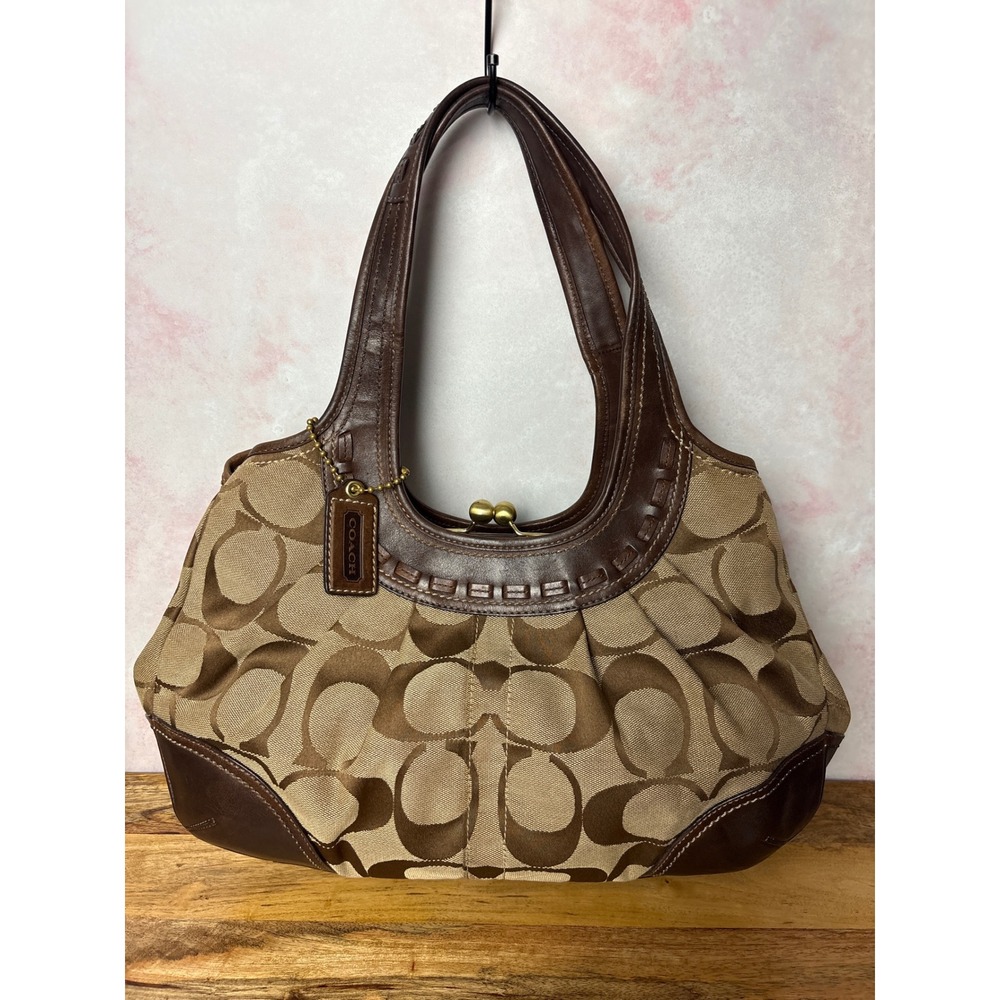 Coach Ergo Signature Pleated Framed Satchel Tattersall Lining Kisslock